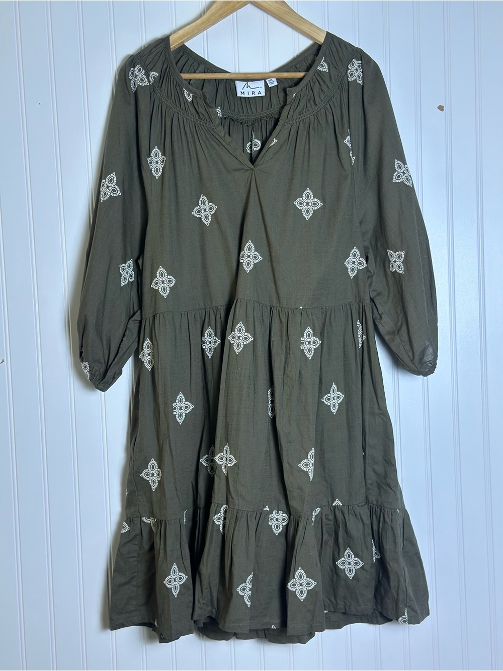 MIRA Cotton Gauze Olive Green Embroidered Tiered Dress  XXL 3/4 puffed sleeves - Picture 10 of 10